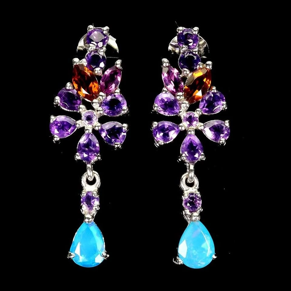 Amethyst, Blue Opal and Garnet Earrings 925 Sterling Silver - photo 2