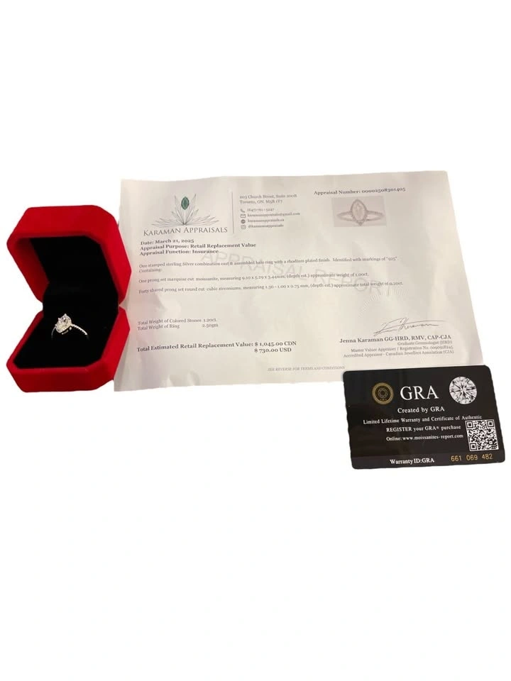 1.00 CT GRA Certified Marquise Moissanite Ring 925 Silver - photo 4