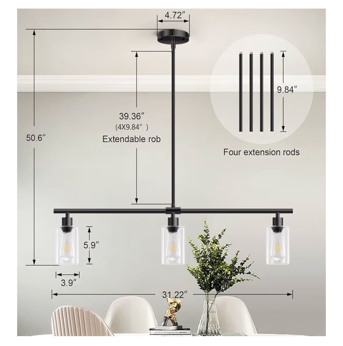Used - Kitchen Island Lighting, 3 Lights Linear Chandelier - photo 3