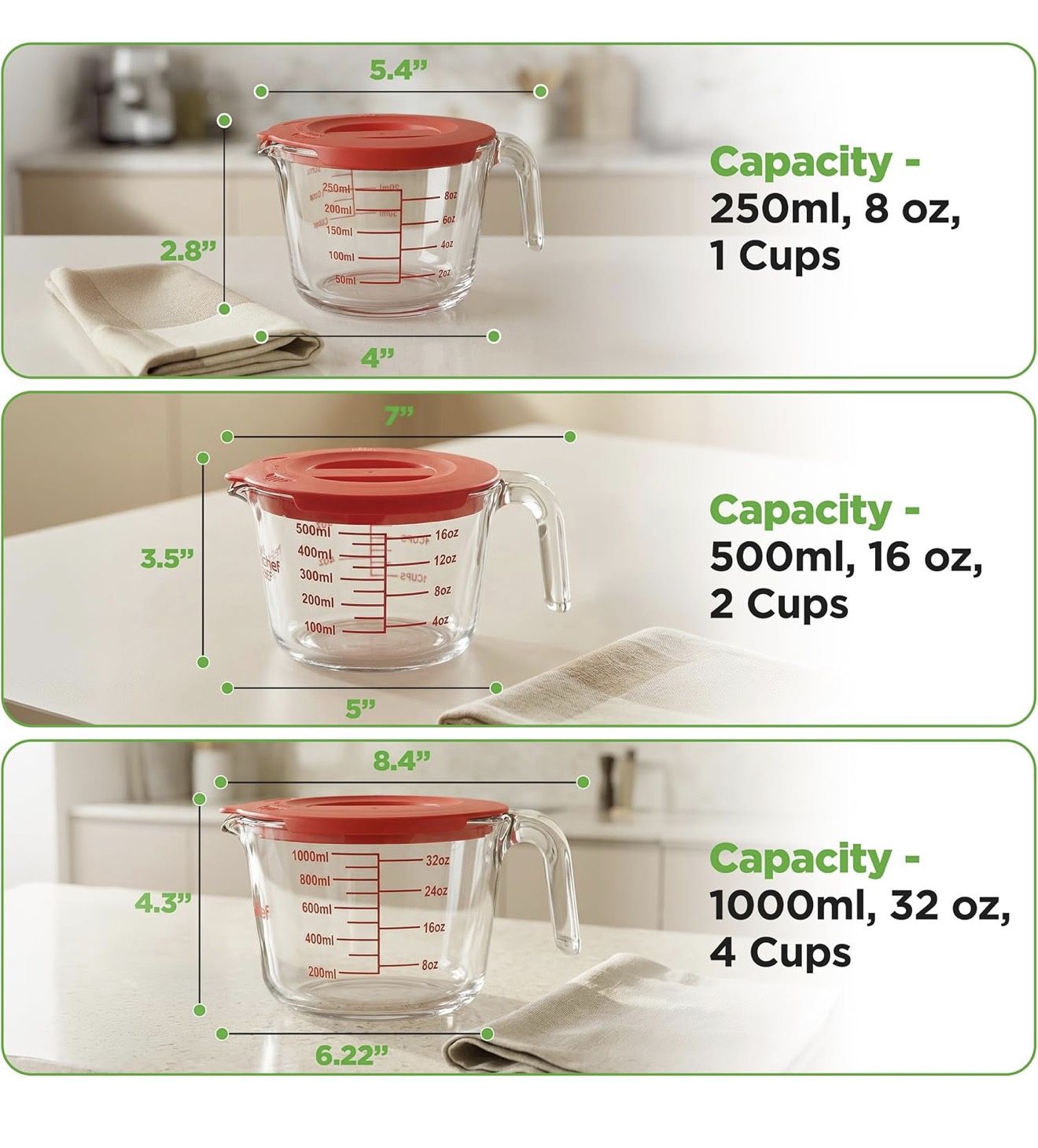 New 3 pcs Glass Measuring Cup Set with Lids