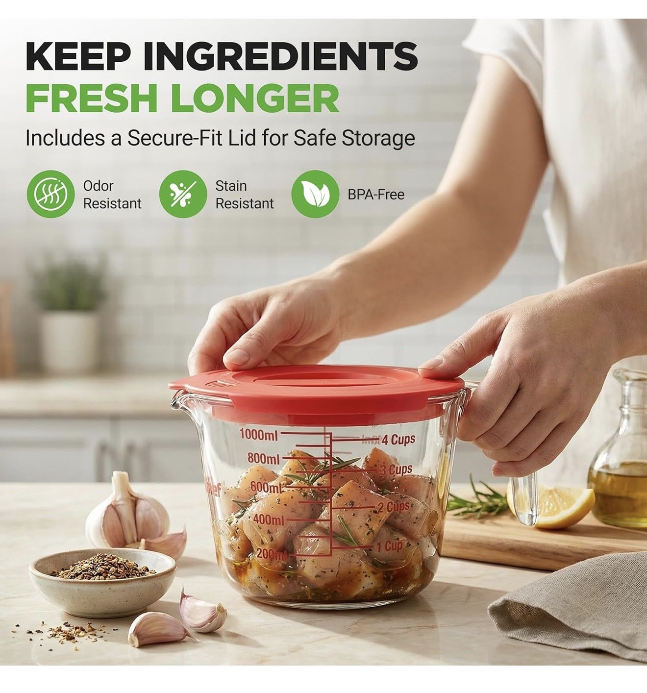 New 3 pcs Glass Measuring Cup Set with Lids - photo 3