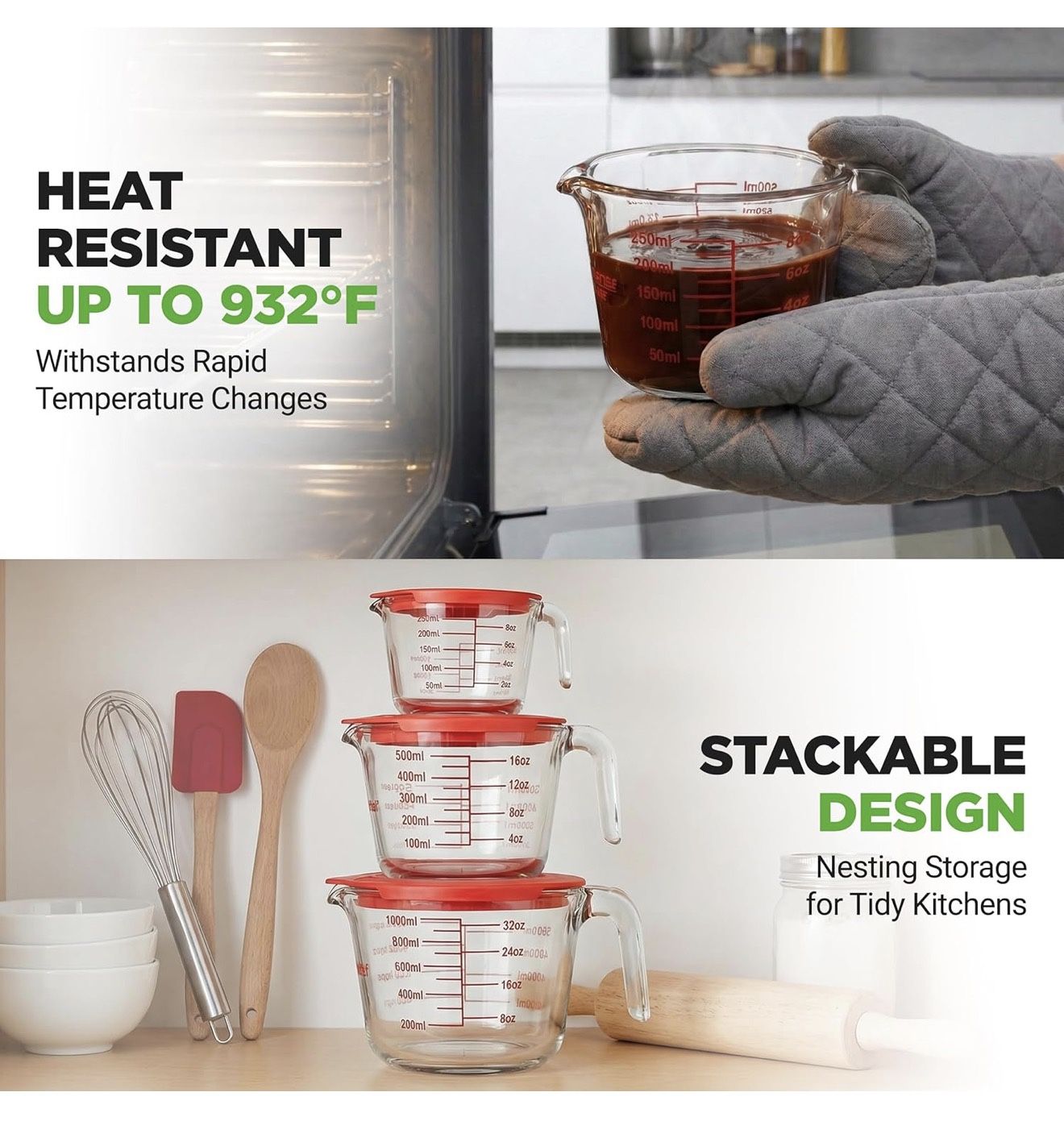 New 3 pcs Glass Measuring Cup Set with Lids - photo 4