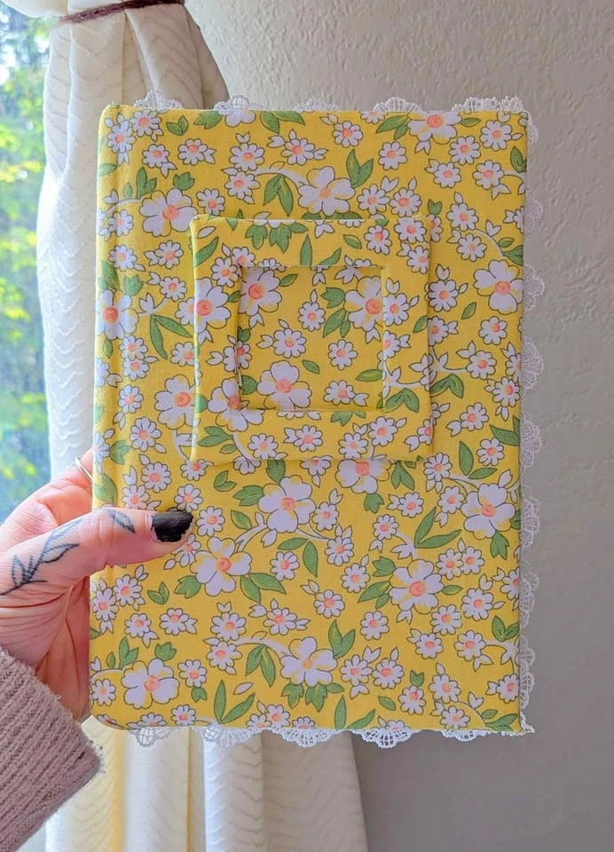 Yellow Floral Fabric Sketchbook with Lace Trim