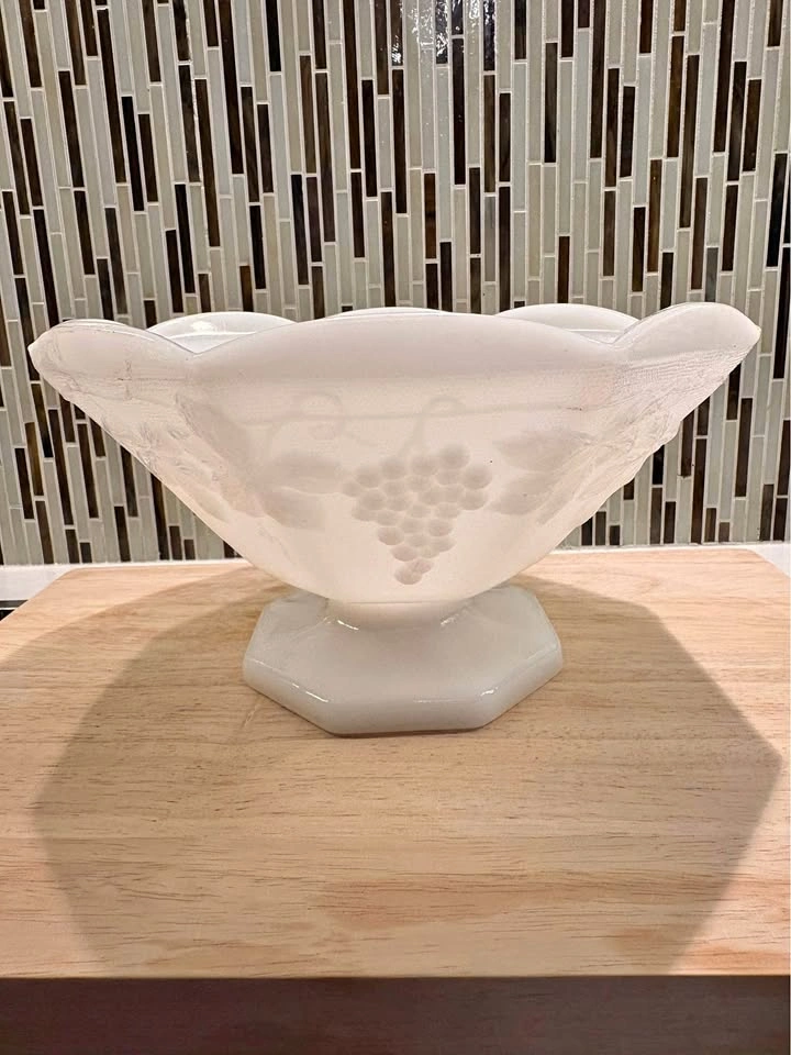 Vintage Milk Glass Grape Pattern Hexagonal Bowl