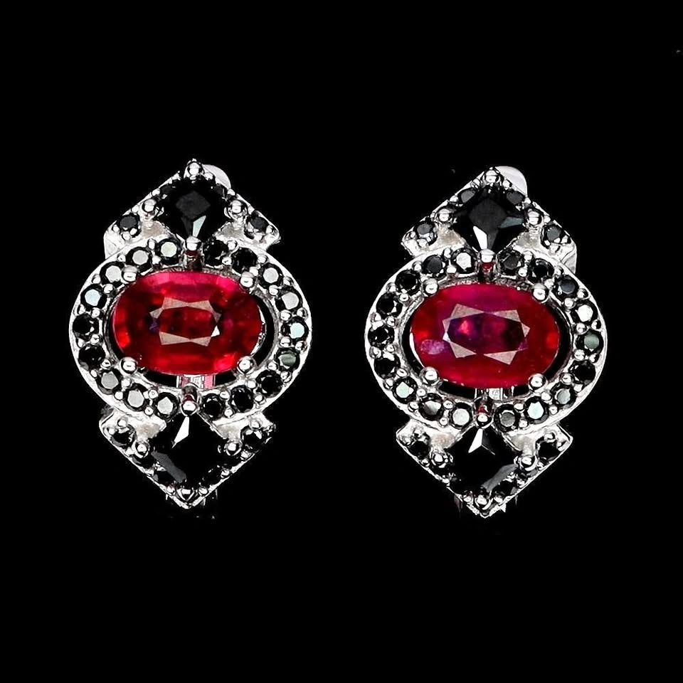 Ruby and Black Spinel Earrings 14K White Plated Gold