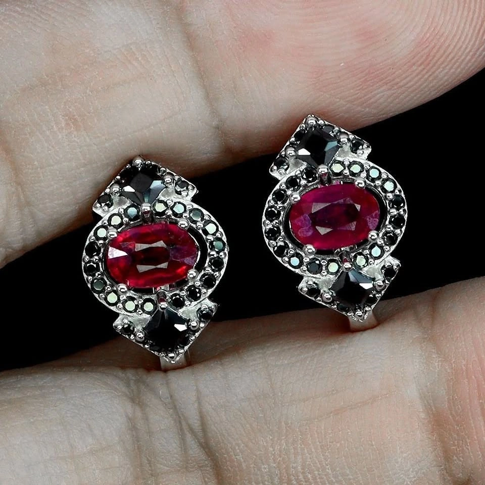 Ruby and Black Spinel Earrings 14K White Plated Gold - photo 2