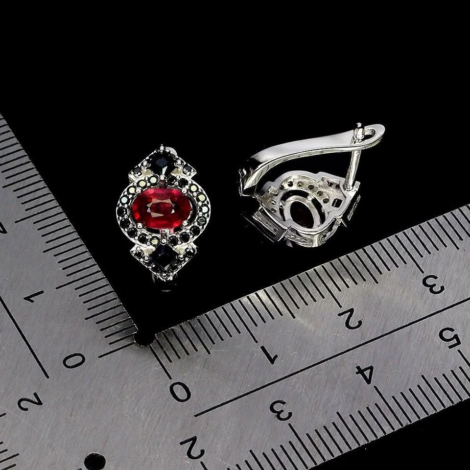 Ruby and Black Spinel Earrings 14K White Plated Gold - photo 3