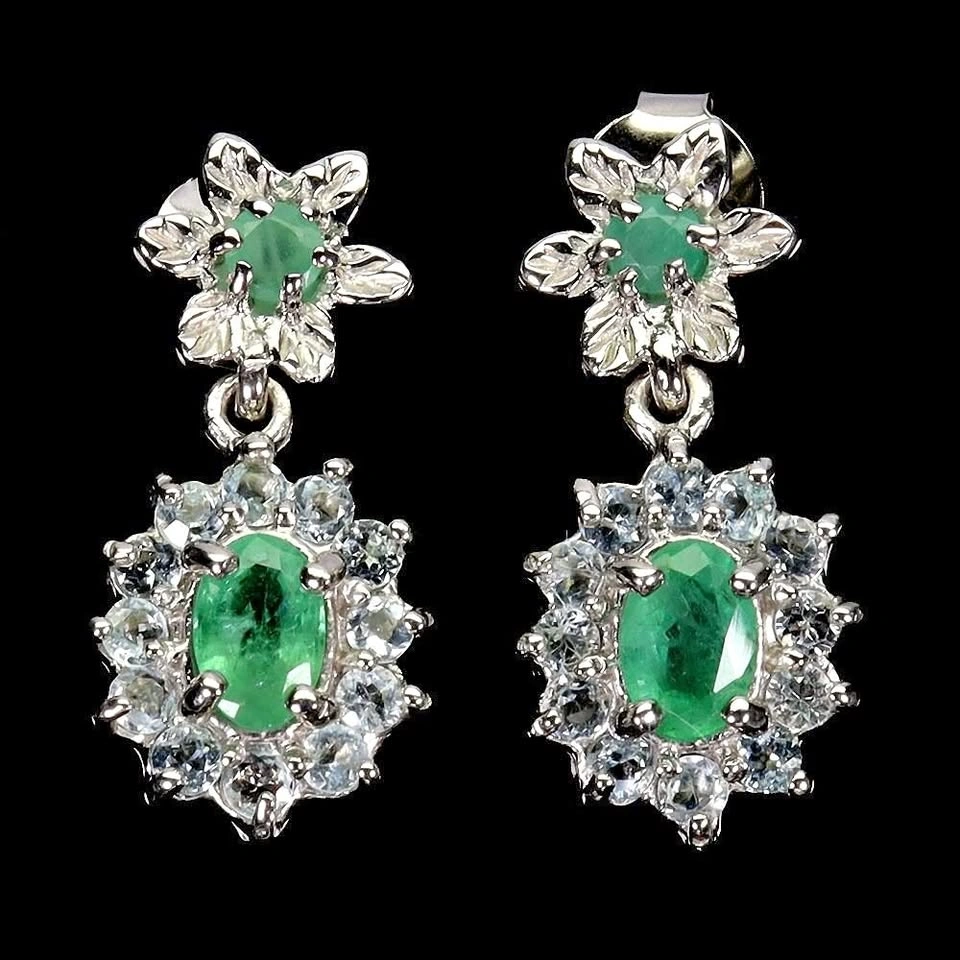 Emerald and Aquamarine Earrings 14K Gold Plated 925 Silver