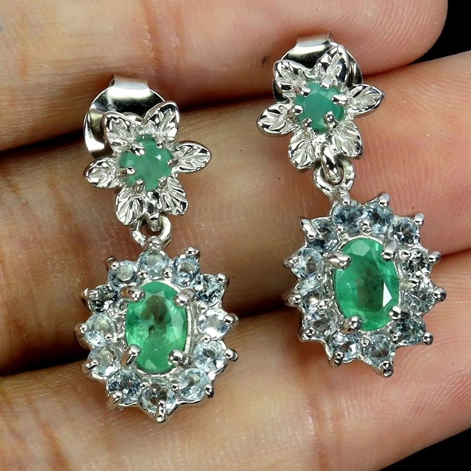 Emerald and Aquamarine Earrings 14K Gold Plated 925 Silver - photo 2