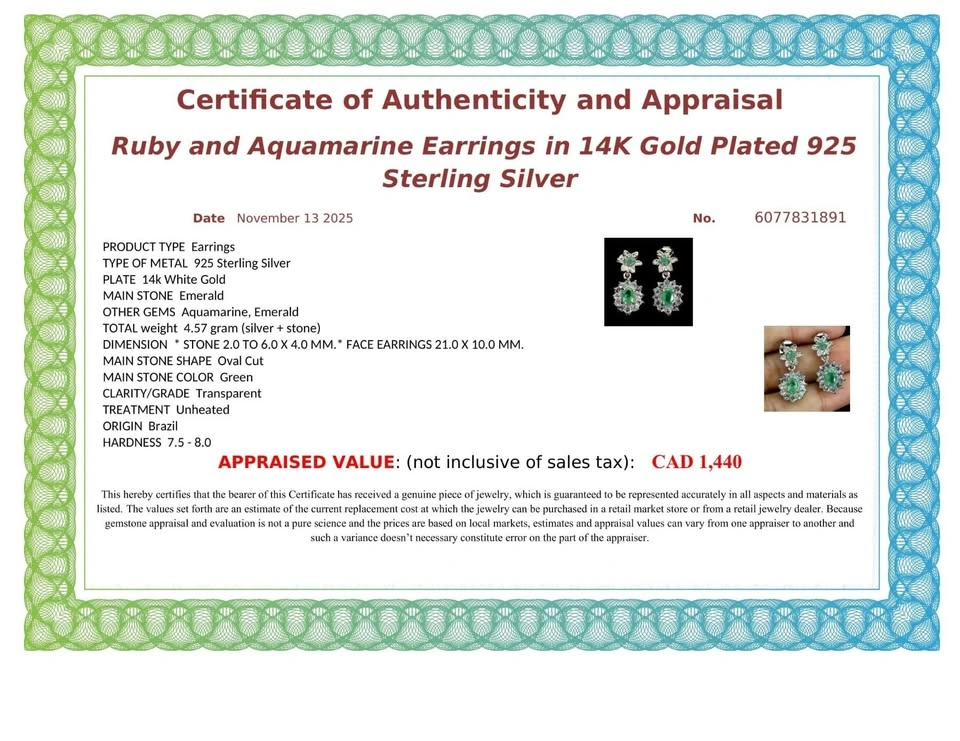 Emerald and Aquamarine Earrings 14K Gold Plated 925 Silver - photo 4