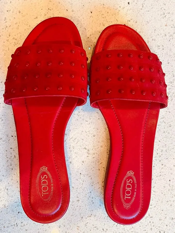 Tod’s Iconic Gommini Studded Suede Slide Red Sandals Sz 40