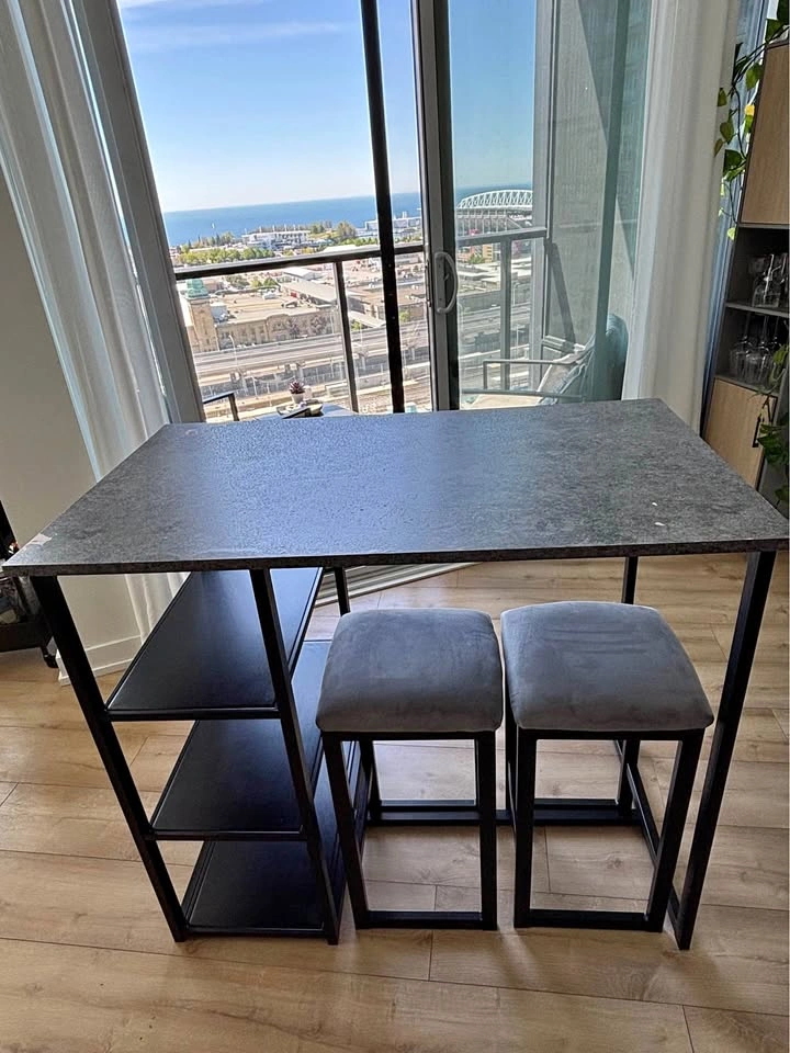 Bar Table with Shelves and Two Stools