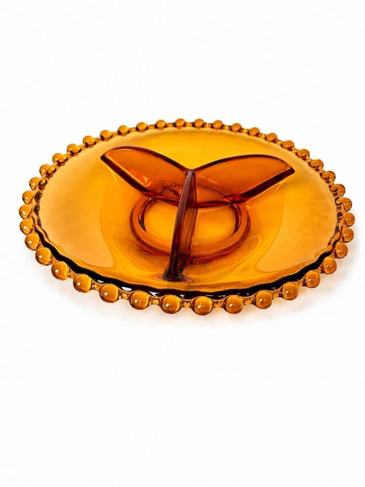 Vintage Amber Glass Candy Dish – 9” Divided Snack Tray
