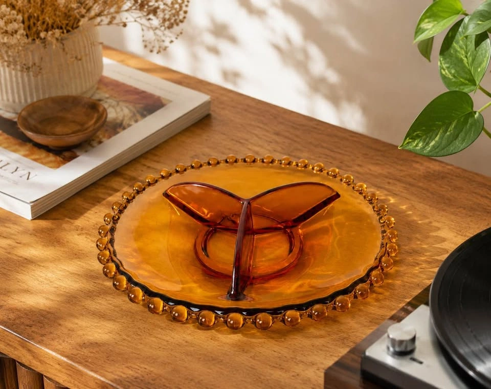 Vintage Amber Glass Candy Dish – 9” Divided Snack Tray - photo 2