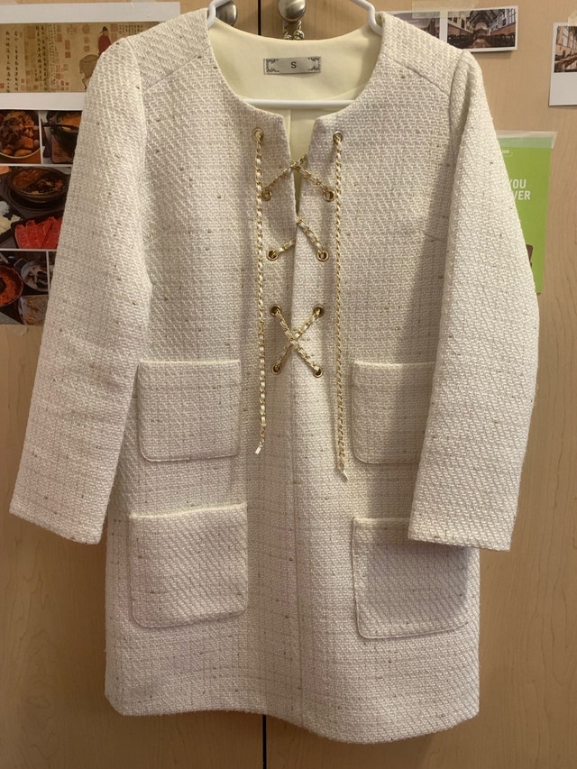 Size S Cream Tweed Lace Up Chain Chanel Style Jacket Dress
