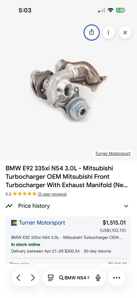 BMW N54 Front Turbo 335i 335xi TD03L4 OEM 11657593016