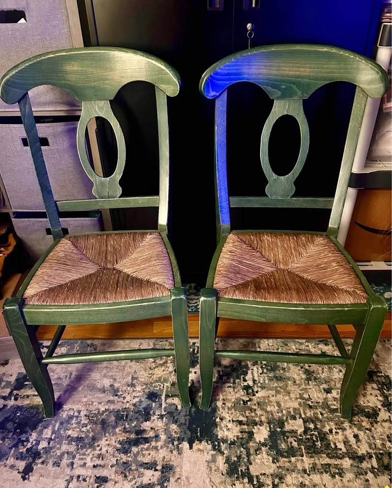 2 Vintage Pottery Barn Napoleon Dining Chairs Distressed Green