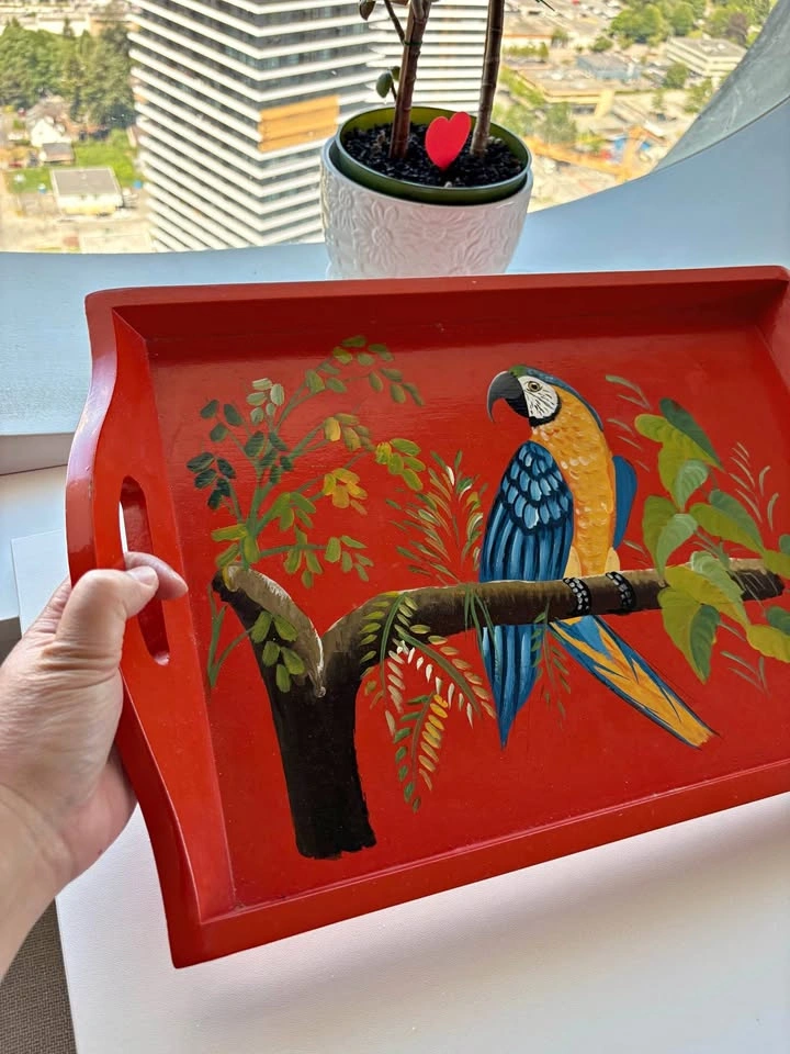 Vintage hand painted Red wooden serving tray hand painted macaw