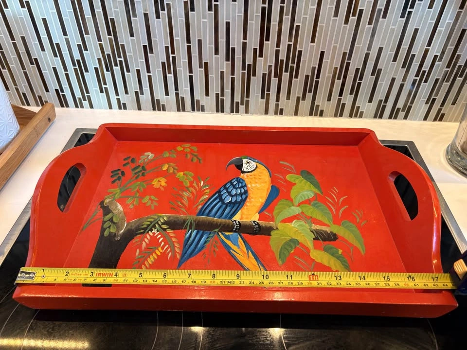 Vintage hand painted Red wooden serving tray hand painted macaw - photo 2