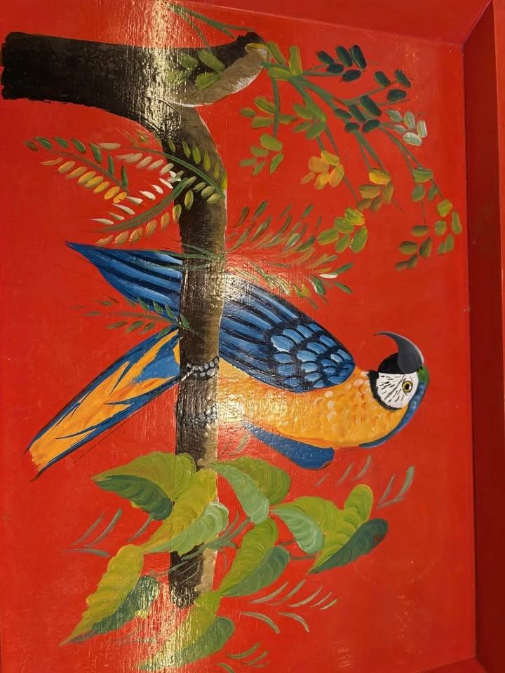 Vintage hand painted Red wooden serving tray hand painted macaw - photo 3