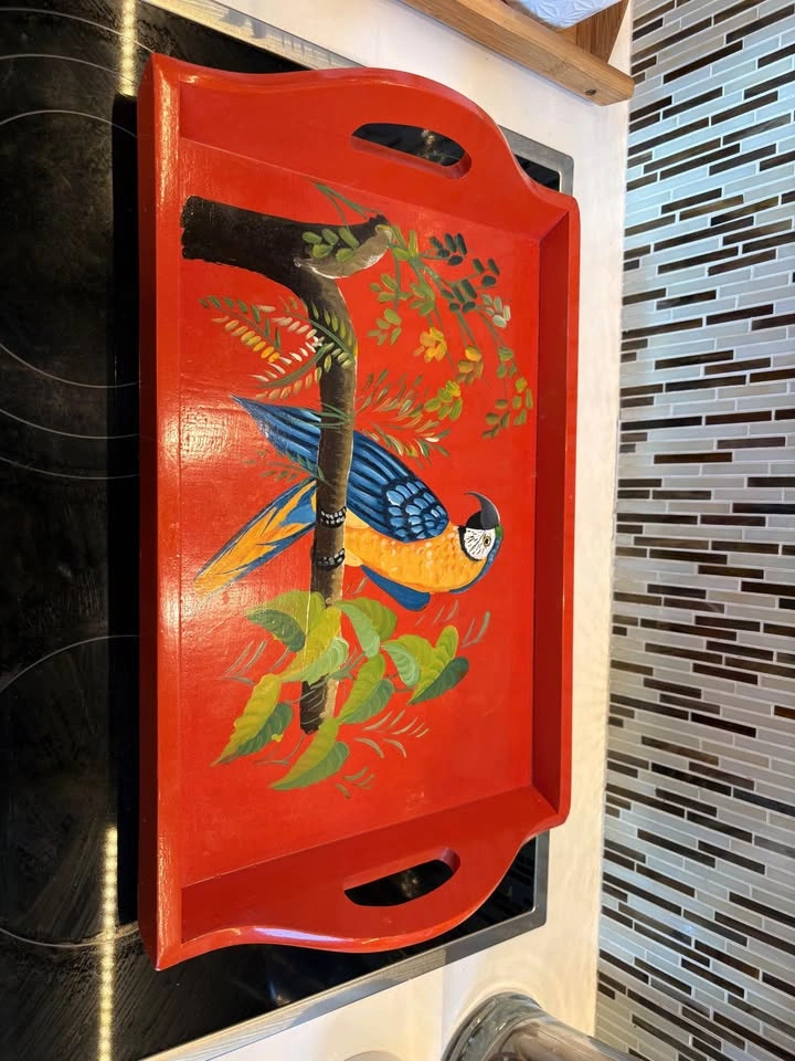 Vintage hand painted Red wooden serving tray hand painted macaw - photo 4