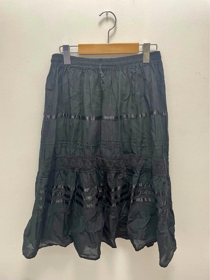 Black Tiered Skirt with Lace and Ribbon Detail