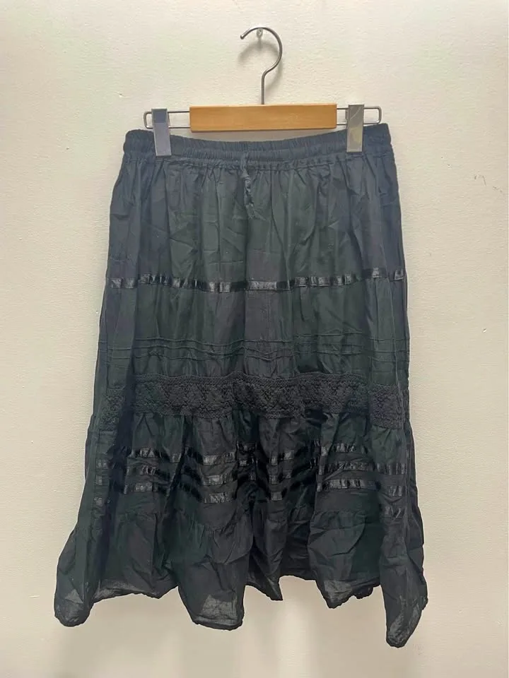 Black Tiered Skirt with Lace and Ribbon Detail