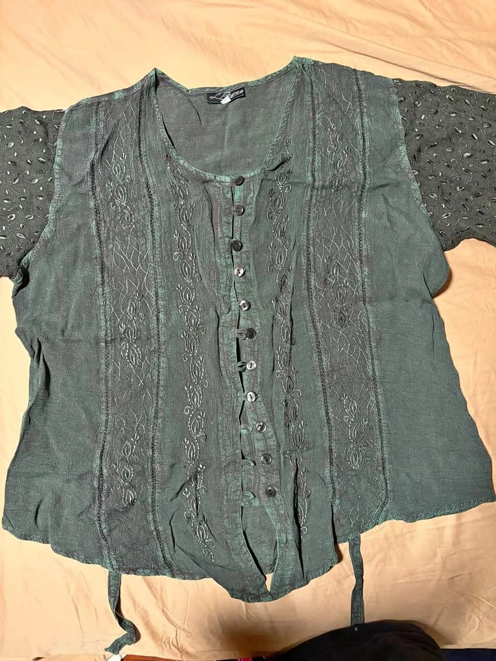 Green button up with tie in the back