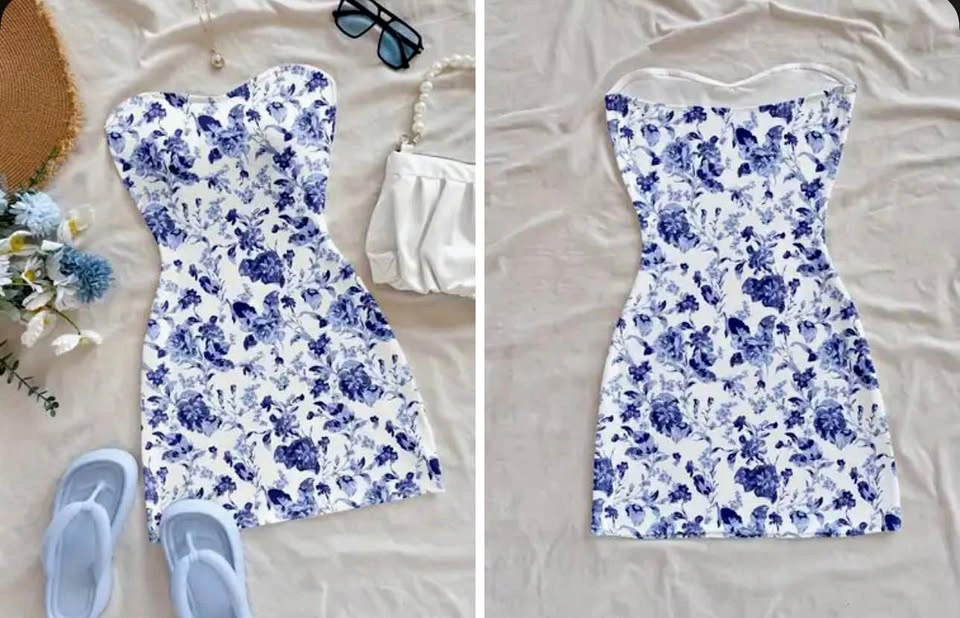 Brand new Strapless Blue White Floral Mini Dress. Size medium
