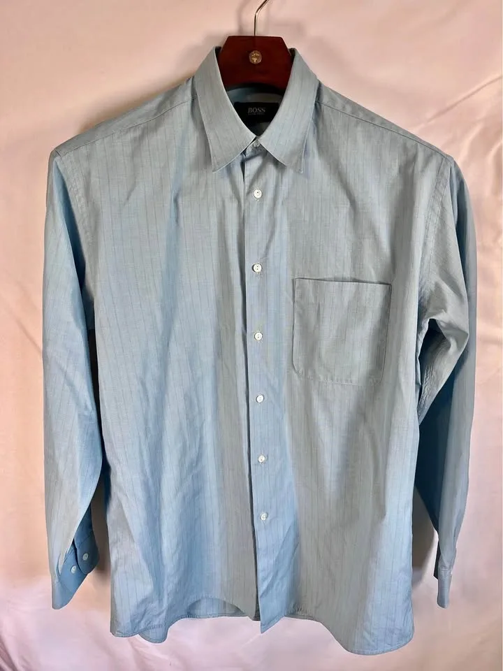 80s Vintage BOSS Hugo Boss 100% Blue Pinstripe Dress Shirt