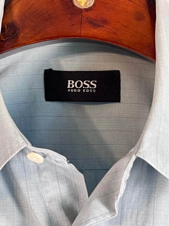 80s Vintage BOSS Hugo Boss 100% Blue Pinstripe Dress Shirt - photo 2