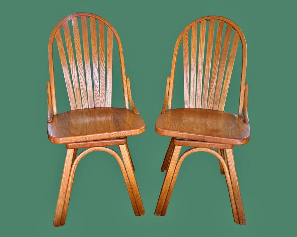 Set of 4 Vintage Solid Oak Windsor Swivel Chairs