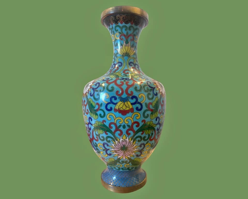 Vintage Turquoise Blue Chinese Cloisonne enamel brass vase