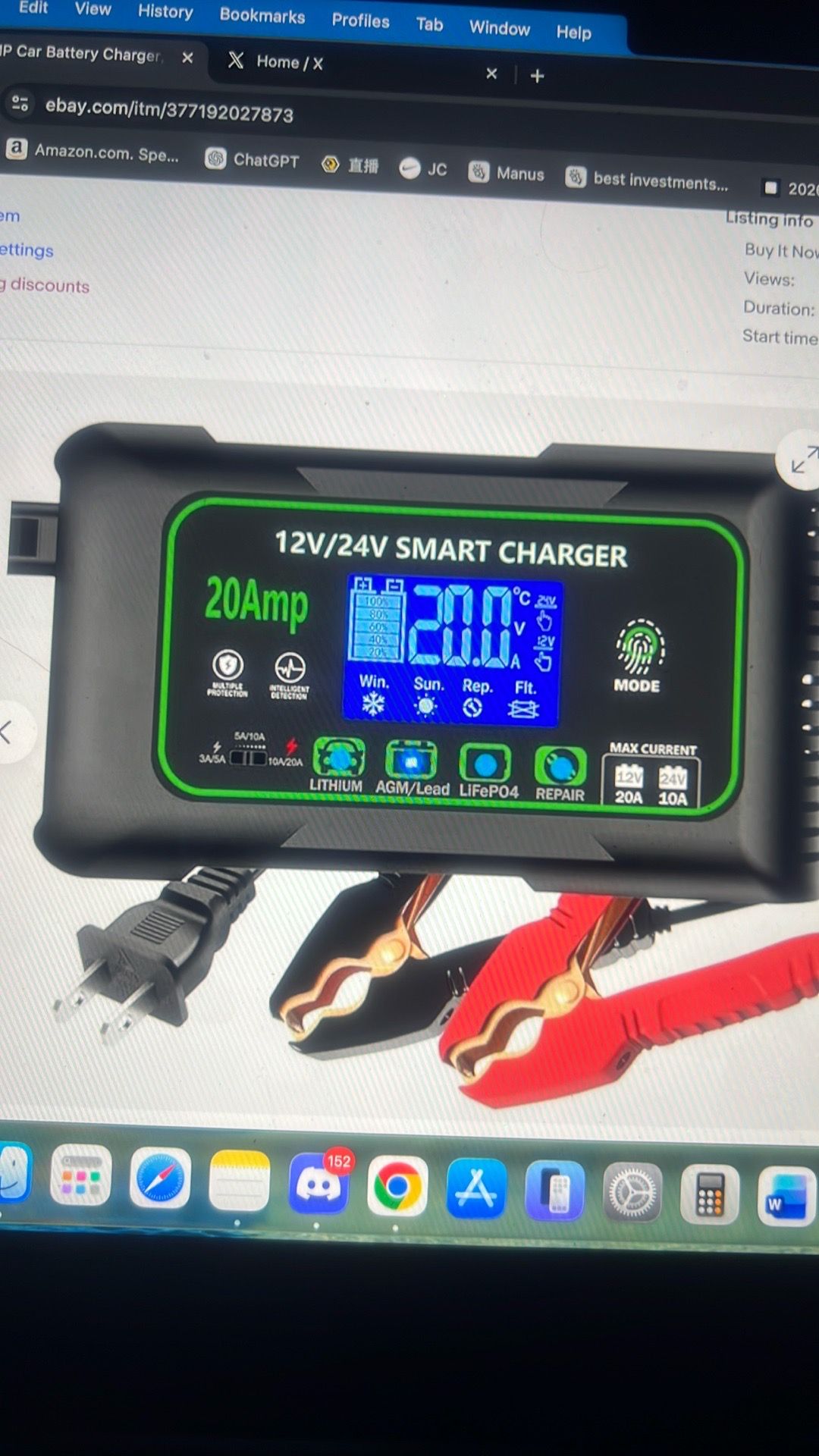 20 amp Car battery charger, 12v 20a and 24v 10a smart charger