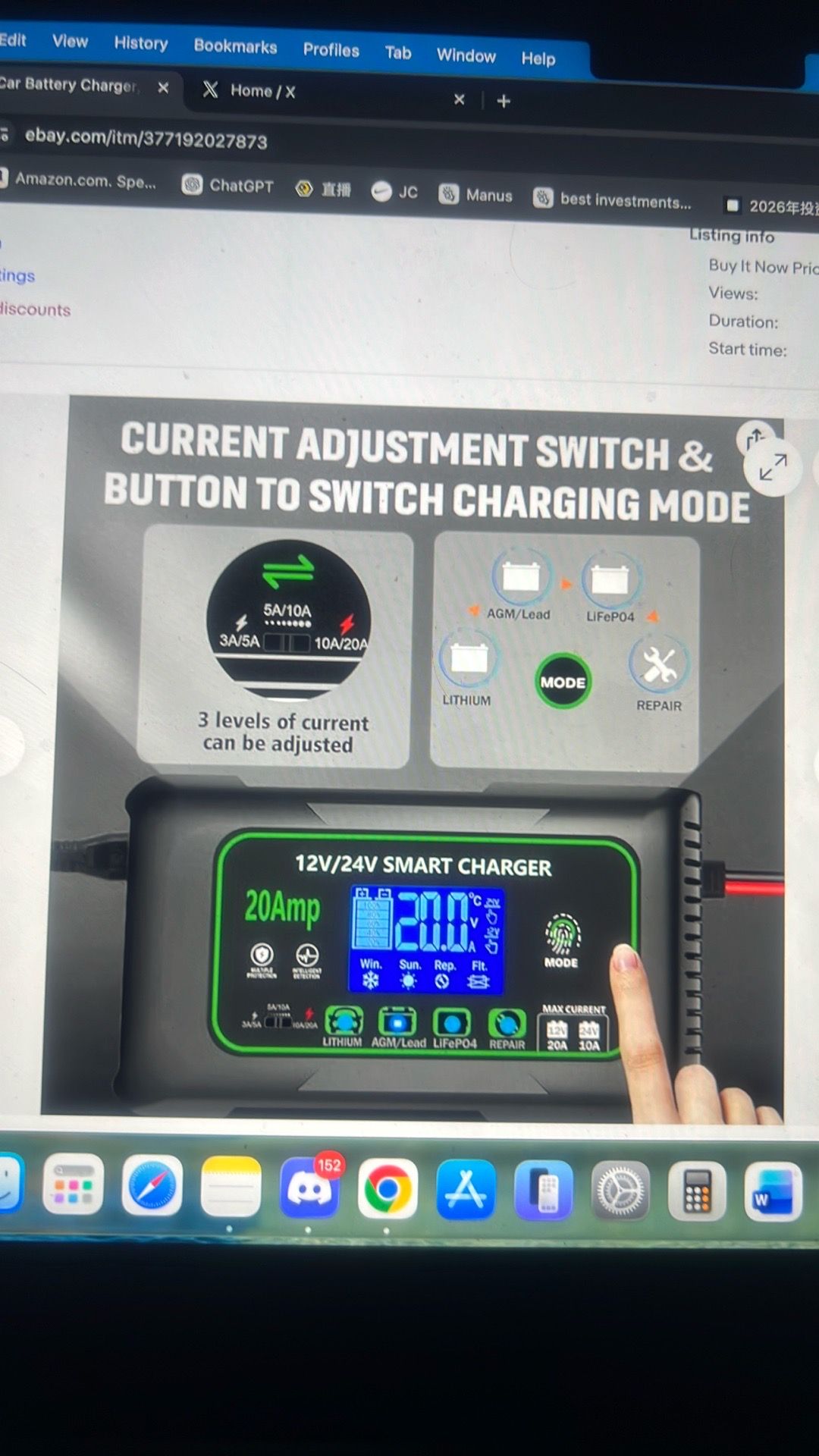 20 amp Car battery charger, 12v 20a and 24v 10a smart charger - photo 2