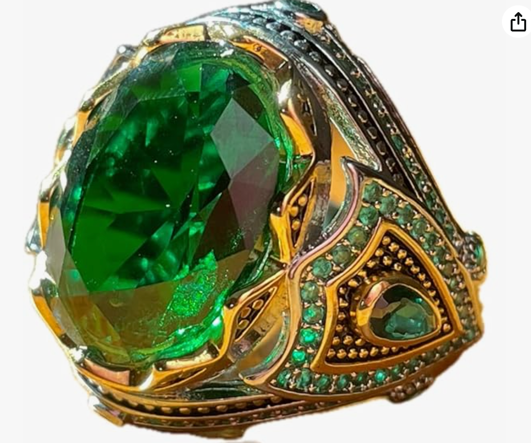 925 Silver Emerald Ring for Men Handmade Engraved Size 9