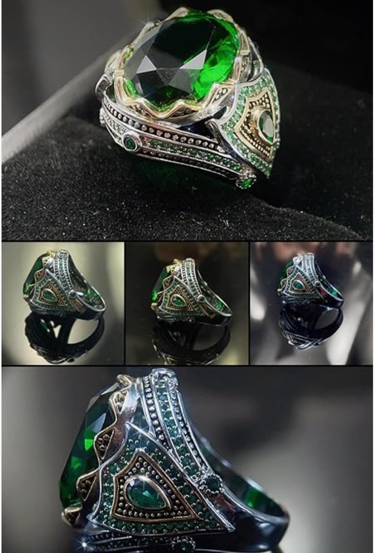 925 Silver Emerald Ring for Men Handmade Engraved Size 9 - photo 4