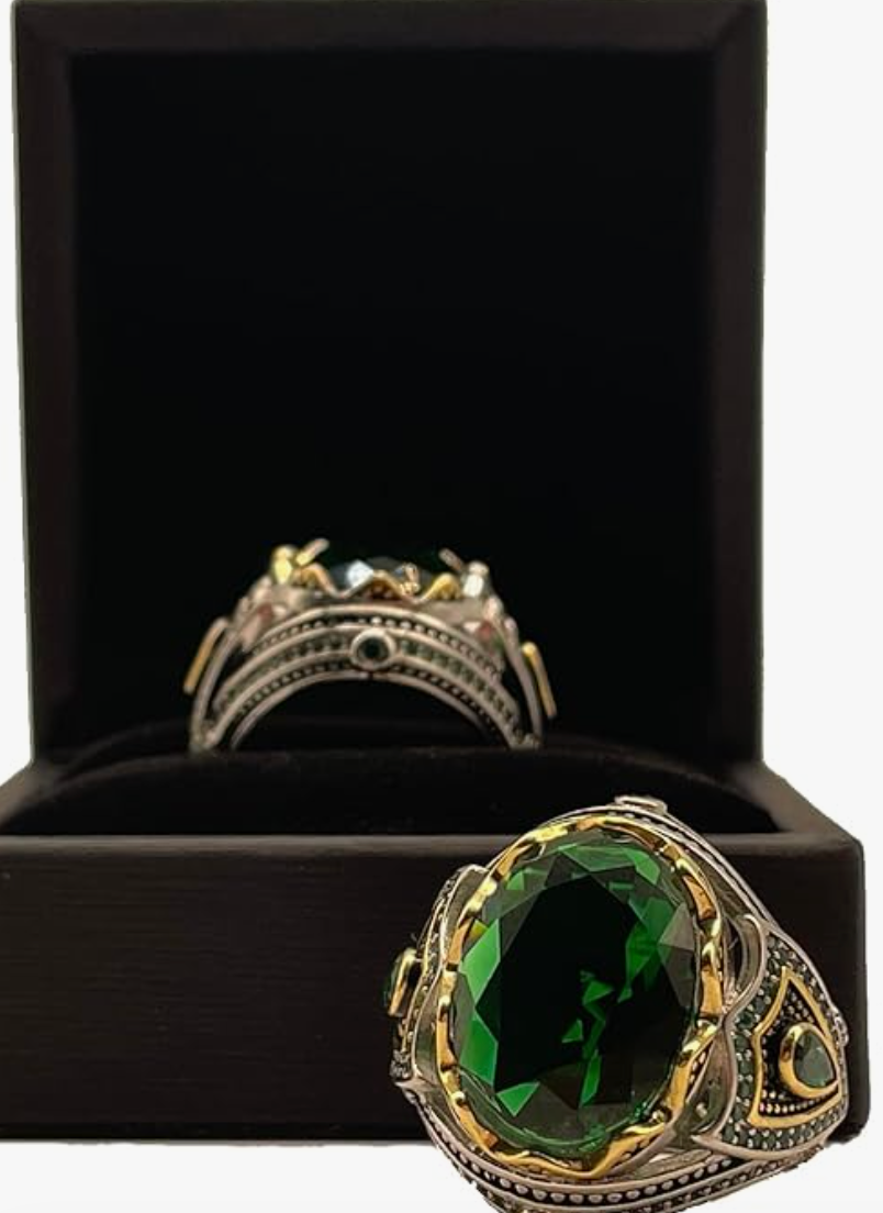 925 Silver Emerald Ring for Men Handmade Engraved Size 9 - photo 5
