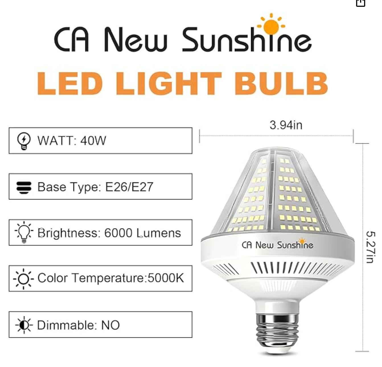 40W LED Corn Light Bulb 5000K Daylight White 6000 Lumen 2Pc - photo 2