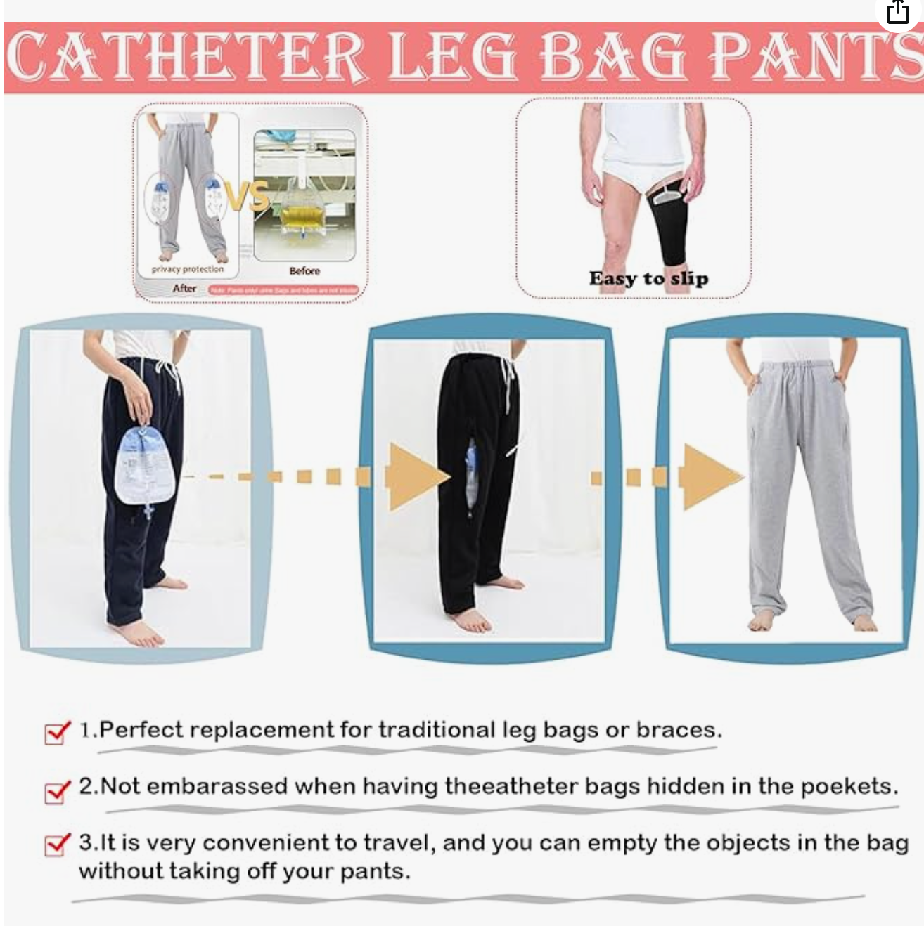 Black Urine Bag Pants for Elderly, Drainage Pants - photo 4