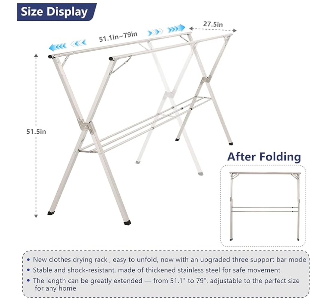 79 inches Foldable Clothes Drying Rack, Heavy Duty Stainless Ste - photo 2