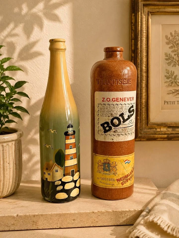 Vintage Bols Genever Bottle & Hand-Painted Lighthouse Bottle Dec