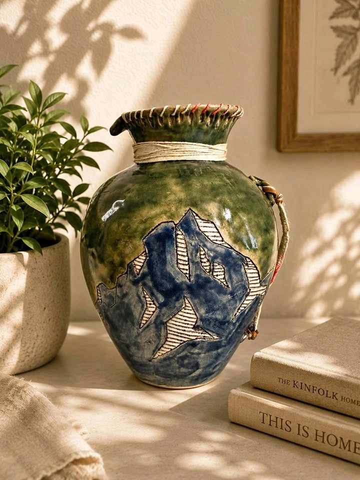 Mountain Landscape Art Pottery Vase | Rustic Cabin Decor