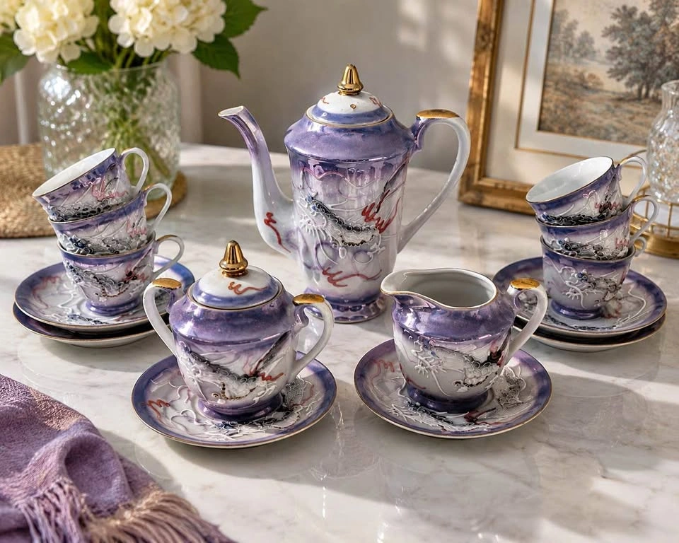 Vintage Lucky Dragon Tea Set – Hand Painted Porcelain 15 Piece S