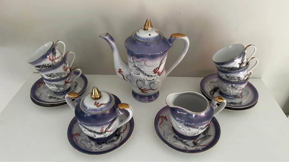 Vintage Lucky Dragon Tea Set – Hand Painted Porcelain 15 Piece S - photo 4