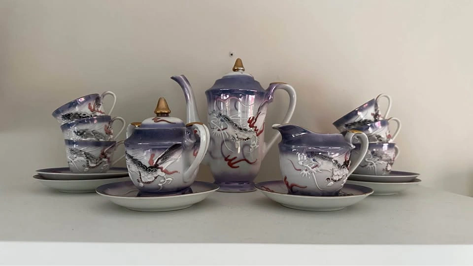 Vintage Lucky Dragon Tea Set – Hand Painted Porcelain 15 Piece S - photo 5