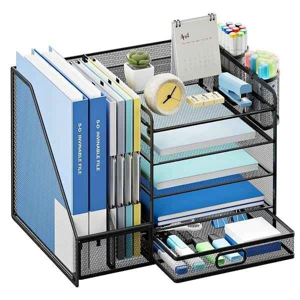 Black 5-Tier Metal Desk Organizer with Drawer and Pen Holders