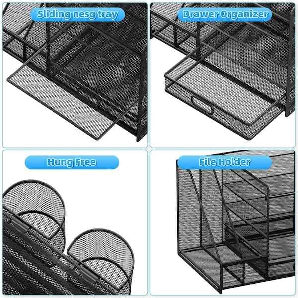 Black 5-Tier Metal Desk Organizer with Drawer and Pen Holders - photo 2