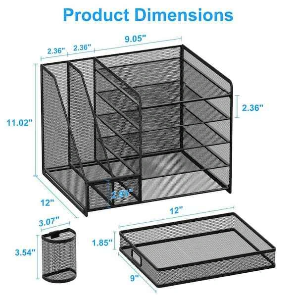 Black 5-Tier Metal Desk Organizer with Drawer and Pen Holders - photo 3