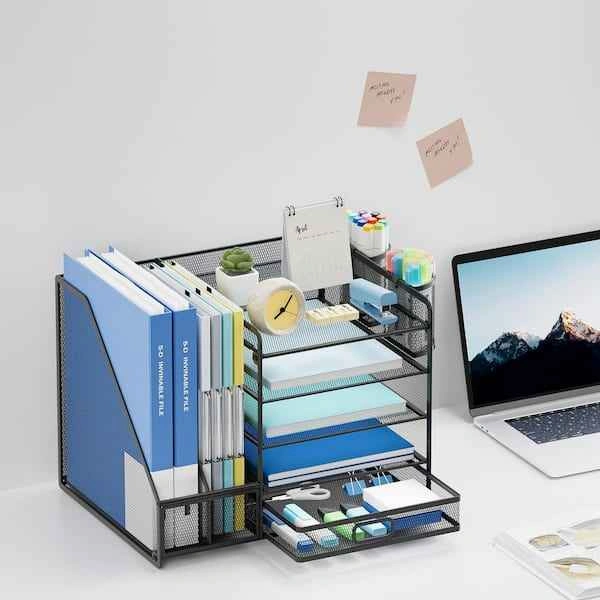 Black 5-Tier Metal Desk Organizer with Drawer and Pen Holders - photo 4